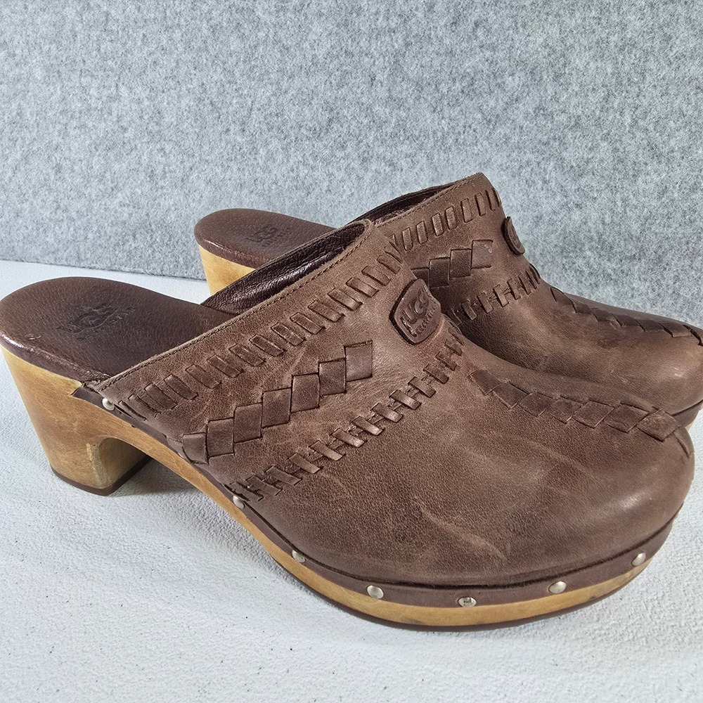UGG Australia Brown Leather Woven Wood Clogs Mules 1952 Womens 7